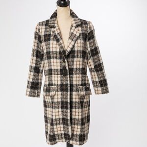 Longer length blazer style jacket plaid wool blend neutrals Julie Brown 6